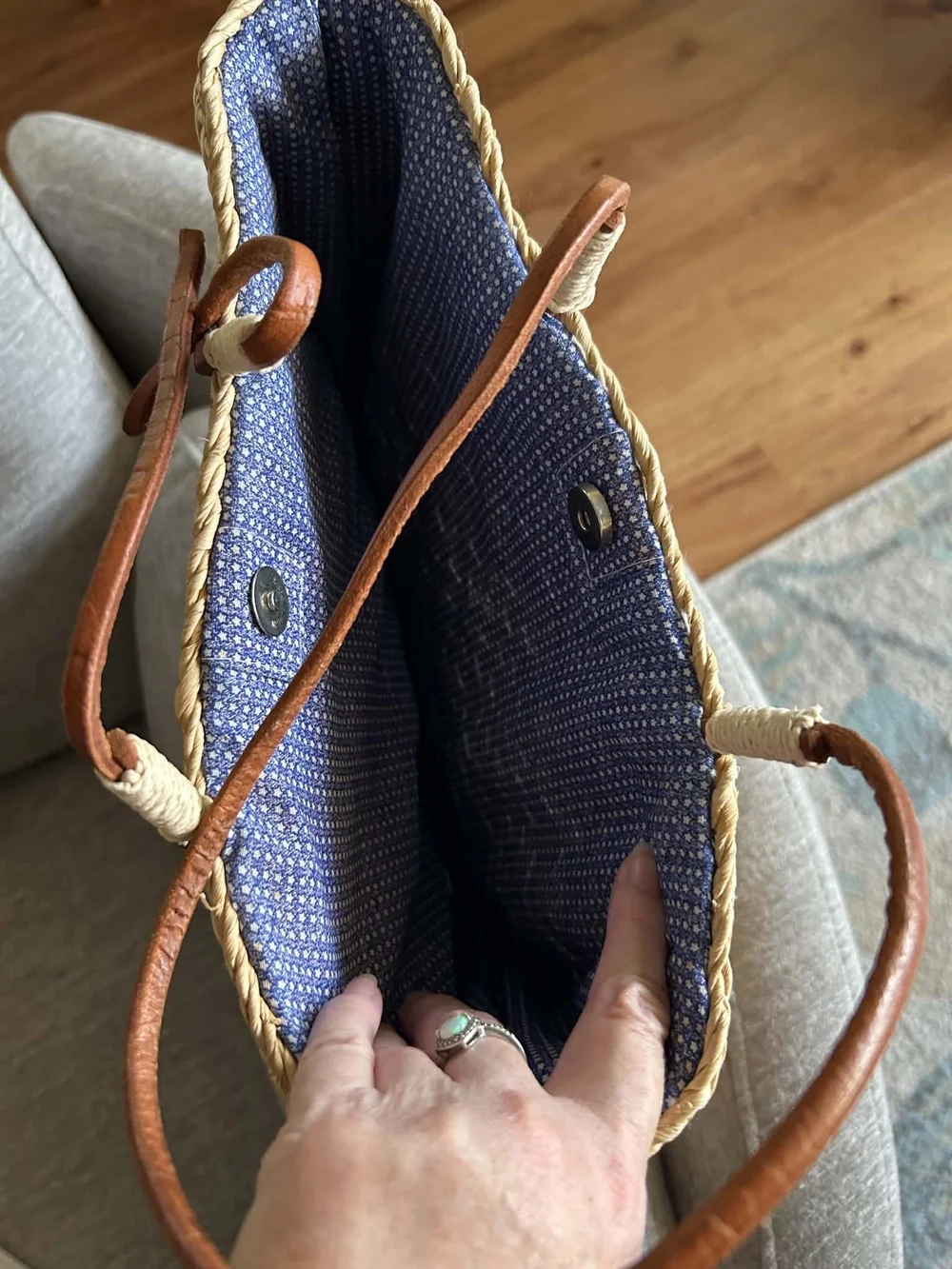 QVC Natural Straw Tote with Blue, Red and Green Embroidered Panels